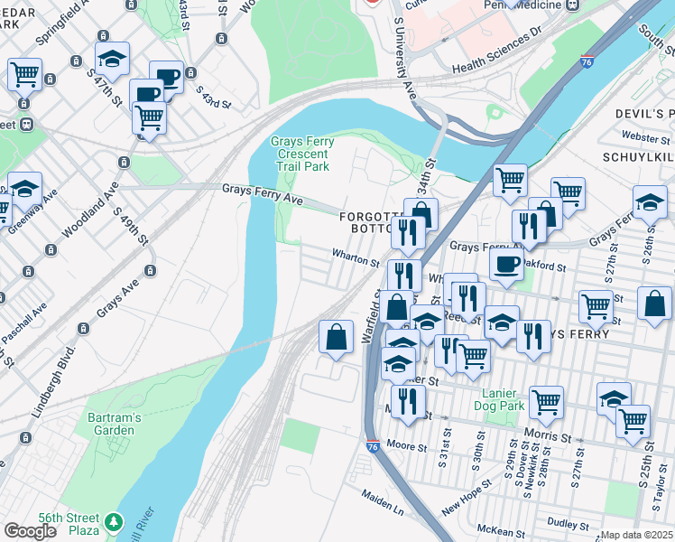 map of restaurants, bars, coffee shops, grocery stores, and more near 1354 South Harmony Street in Philadelphia