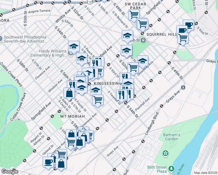 map of restaurants, bars, coffee shops, grocery stores, and more near 1628 South Conestoga Street in Philadelphia