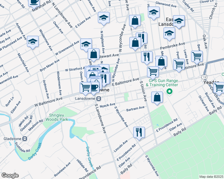 map of restaurants, bars, coffee shops, grocery stores, and more near 30 South Wycombe Avenue in Lansdowne