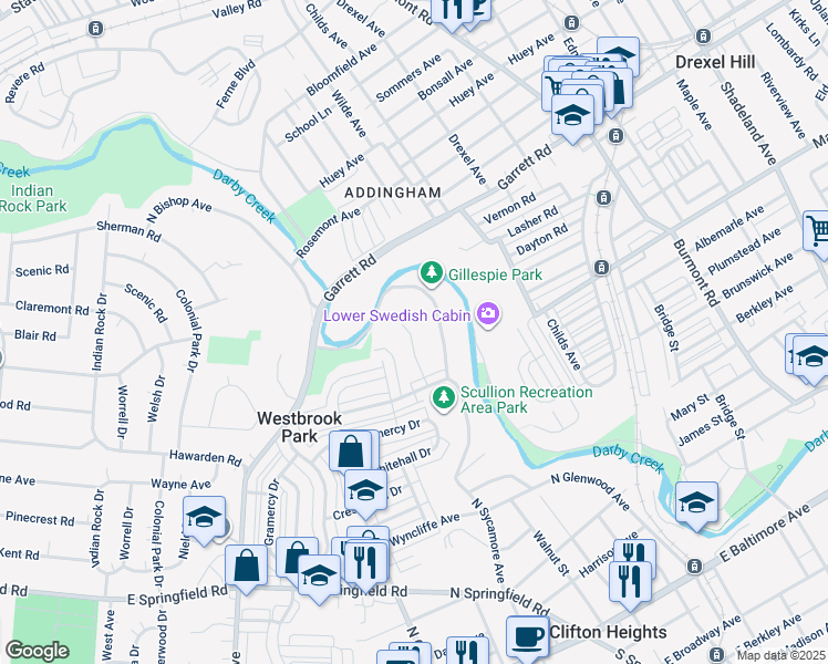 map of restaurants, bars, coffee shops, grocery stores, and more near 539 Seven Oaks Drive in Clifton Heights