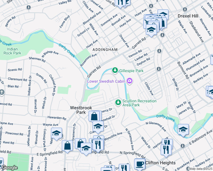 map of restaurants, bars, coffee shops, grocery stores, and more near 539 Seven Oaks Drive in Clifton Heights