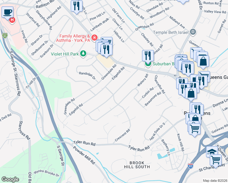 map of restaurants, bars, coffee shops, grocery stores, and more near 1900 Crescent Road in York