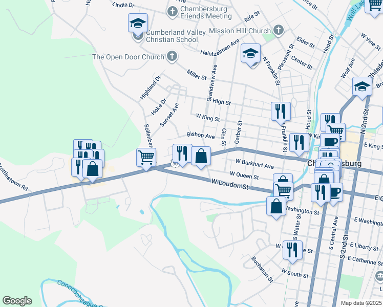 map of restaurants, bars, coffee shops, grocery stores, and more near 618 Lincoln Way West in Chambersburg