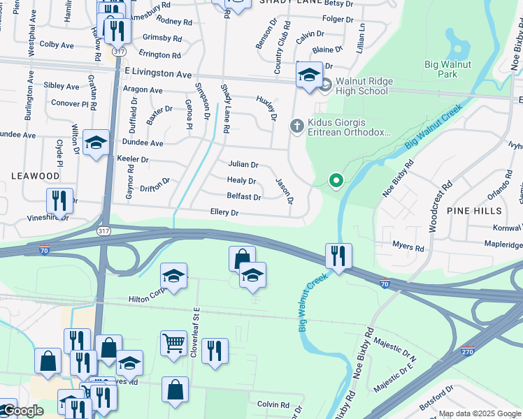 map of restaurants, bars, coffee shops, grocery stores, and more near 4683 Ellery Drive in Columbus