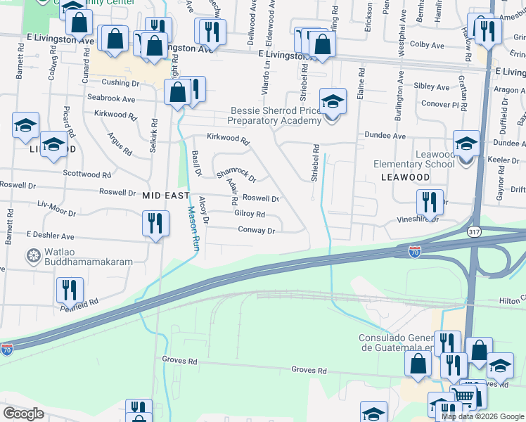 map of restaurants, bars, coffee shops, grocery stores, and more near 3838 Conway Drive in Columbus