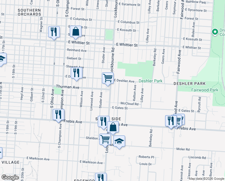 map of restaurants, bars, coffee shops, grocery stores, and more near 1383 Miller Avenue in Columbus