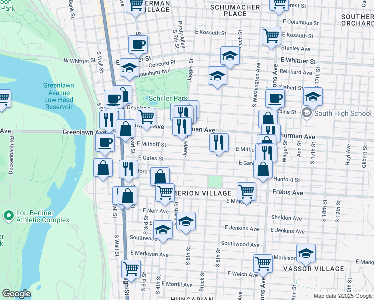 map of restaurants, bars, coffee shops, grocery stores, and more near 185 East Gates Street in Columbus