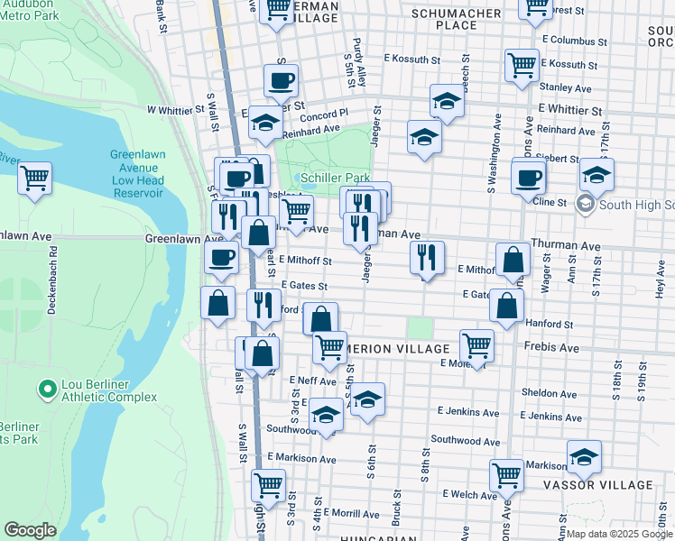 map of restaurants, bars, coffee shops, grocery stores, and more near 137 East Gates Street in Columbus