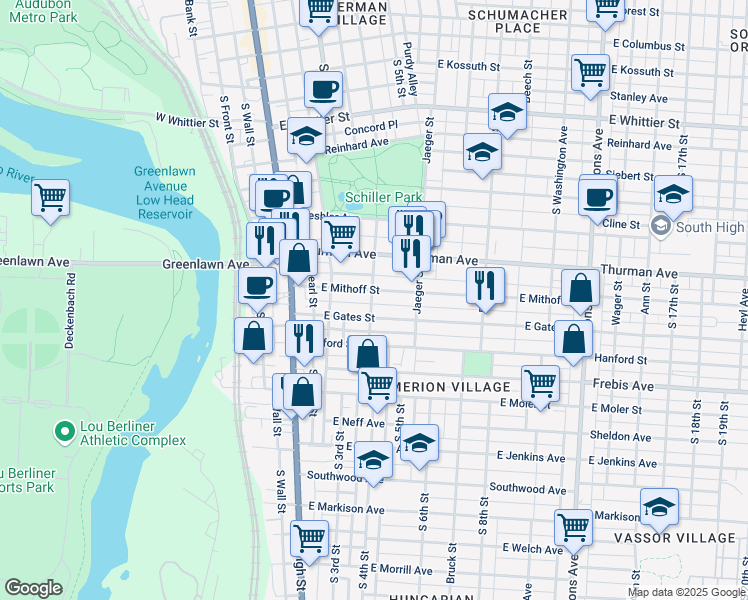map of restaurants, bars, coffee shops, grocery stores, and more near 137 East Gates Street in Columbus