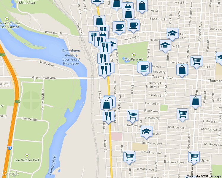 map of restaurants, bars, coffee shops, grocery stores, and more near 1201 South High Street in Columbus