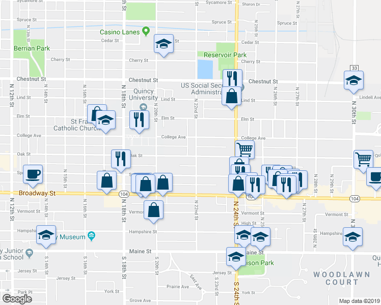 map of restaurants, bars, coffee shops, grocery stores, and more near 2076 Oak Street in Quincy