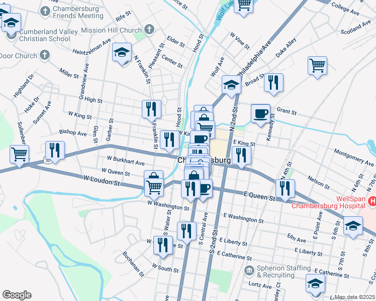 map of restaurants, bars, coffee shops, grocery stores, and more near Spring Street in Chambersburg