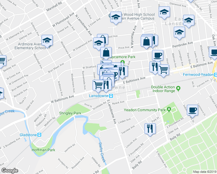 map of restaurants, bars, coffee shops, grocery stores, and more near 1 South Lansdowne Avenue in Lansdowne