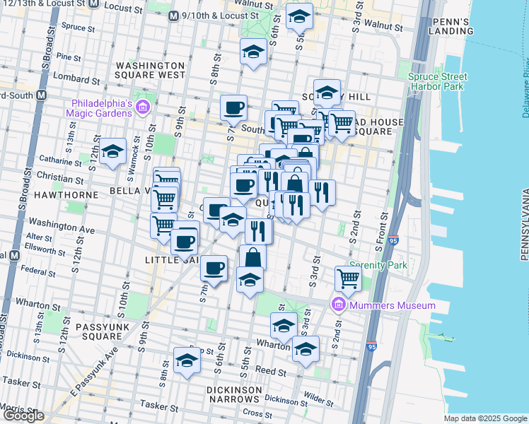map of restaurants, bars, coffee shops, grocery stores, and more near 813 South Reese Street in Philadelphia