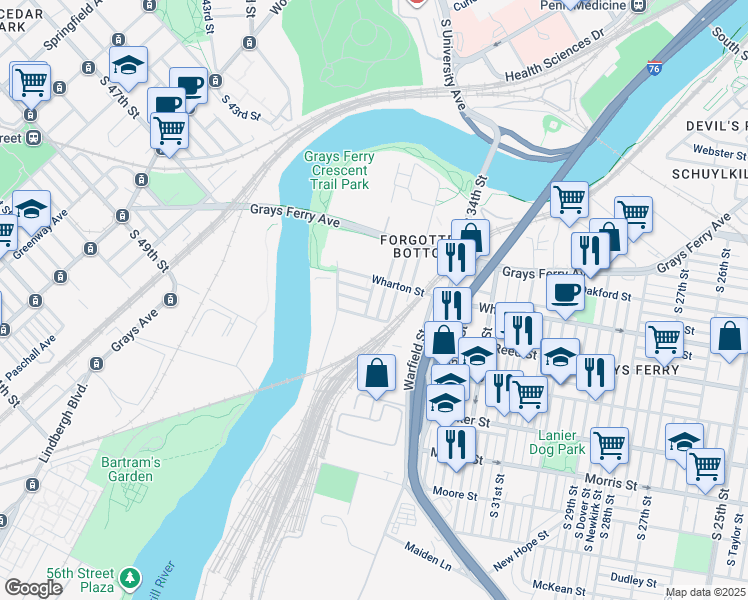 map of restaurants, bars, coffee shops, grocery stores, and more near 1325 South 36th Street in Philadelphia