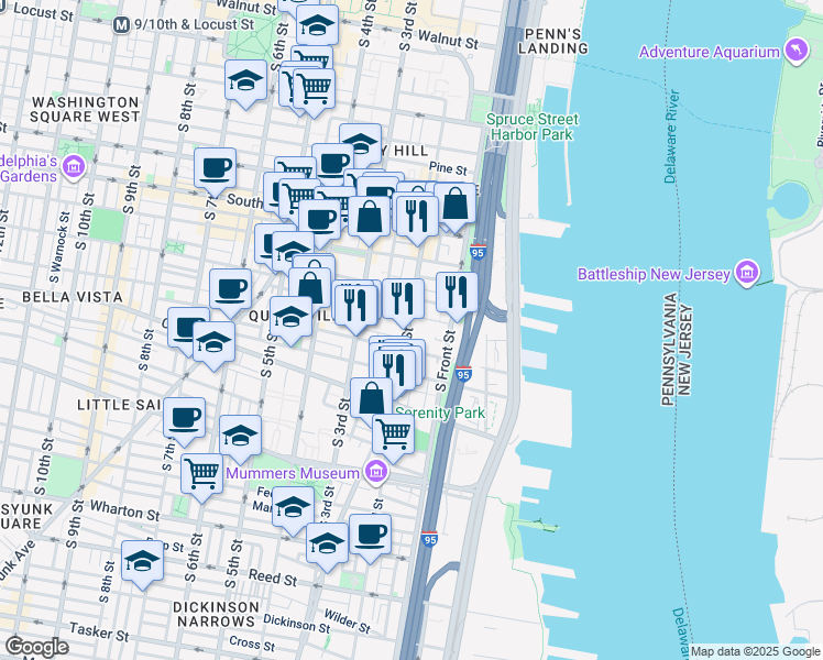 map of restaurants, bars, coffee shops, grocery stores, and more near 771-75 South 2nd Street in Philadelphia