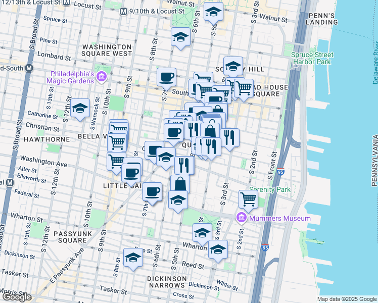 map of restaurants, bars, coffee shops, grocery stores, and more near 813 South Reese Street in Philadelphia