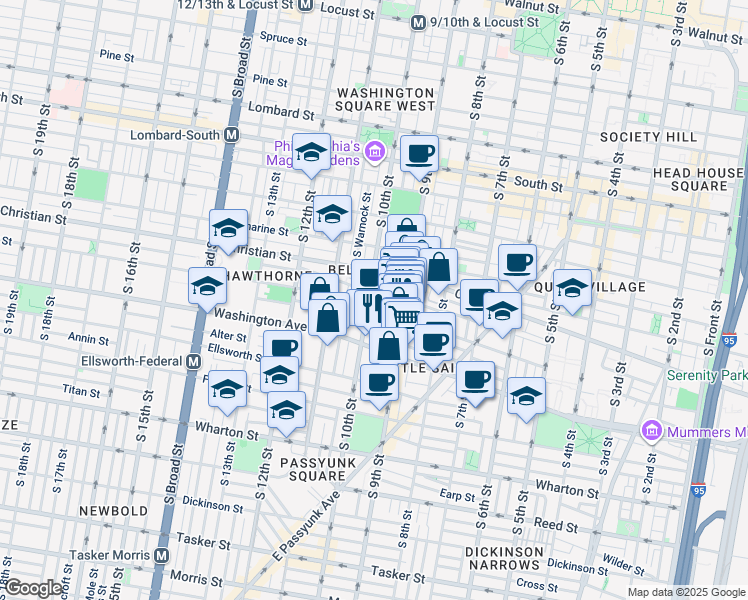 map of restaurants, bars, coffee shops, grocery stores, and more near 931 South 10th Street in Philadelphia