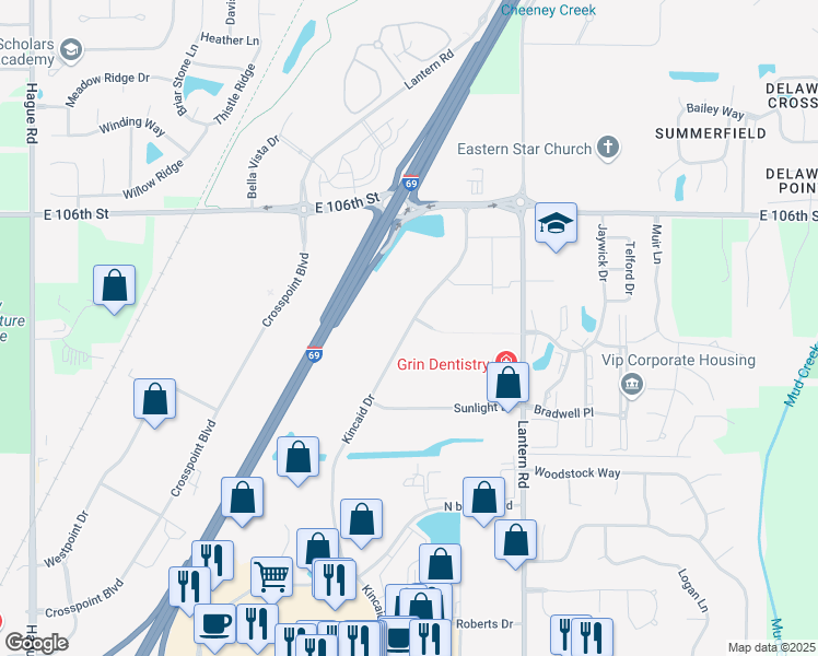 map of restaurants, bars, coffee shops, grocery stores, and more near 10300 Kincaid Drive in Fishers