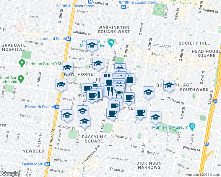 map of restaurants, bars, coffee shops, grocery stores, and more near 931 South 10th Street in Philadelphia