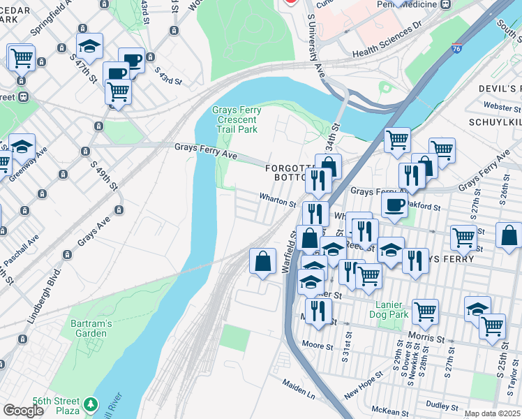 map of restaurants, bars, coffee shops, grocery stores, and more near 1325 South 36th Street in Philadelphia