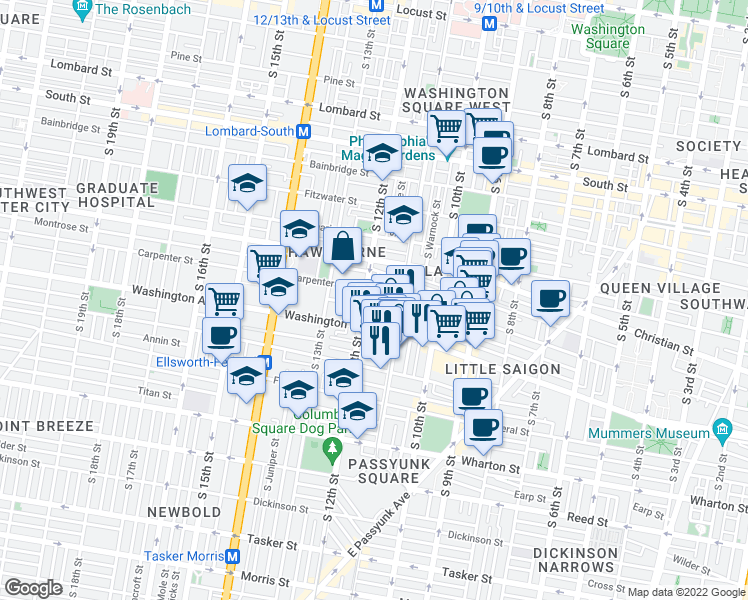 map of restaurants, bars, coffee shops, grocery stores, and more near in Philadelphia