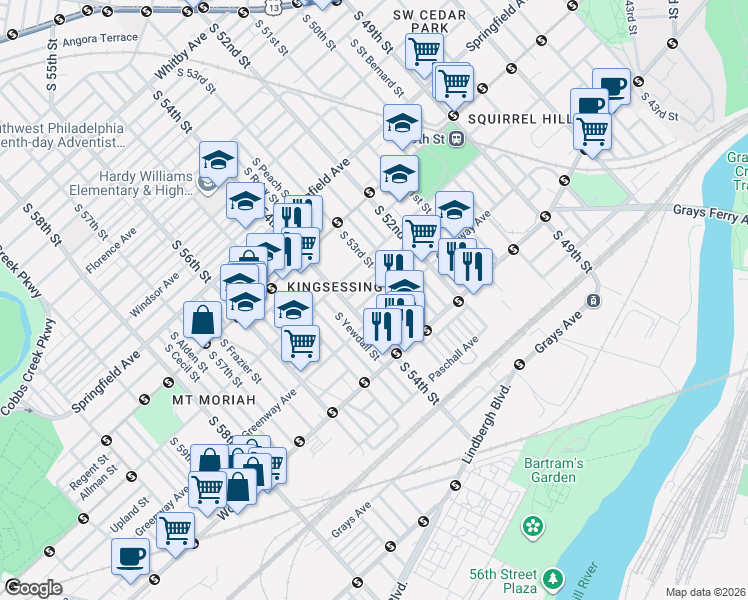 map of restaurants, bars, coffee shops, grocery stores, and more near 1666A South 54th Street in Philadelphia