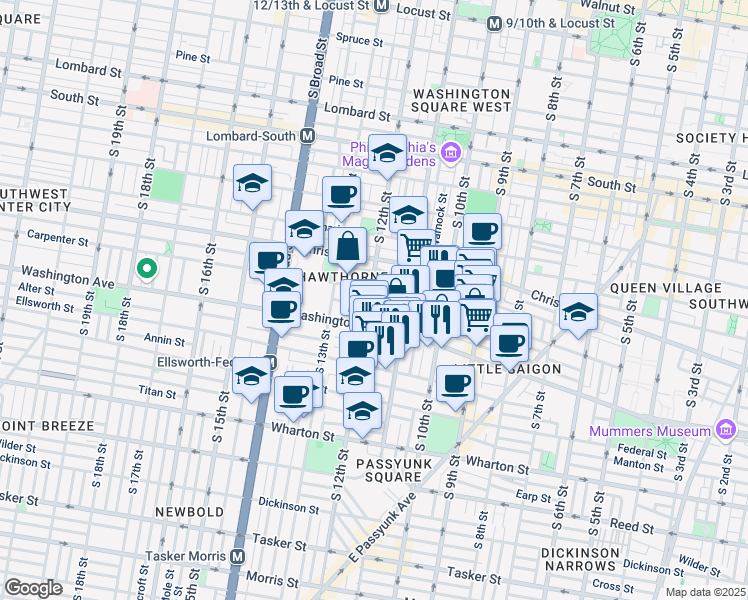 map of restaurants, bars, coffee shops, grocery stores, and more near 1013 South 12th Street in Philadelphia