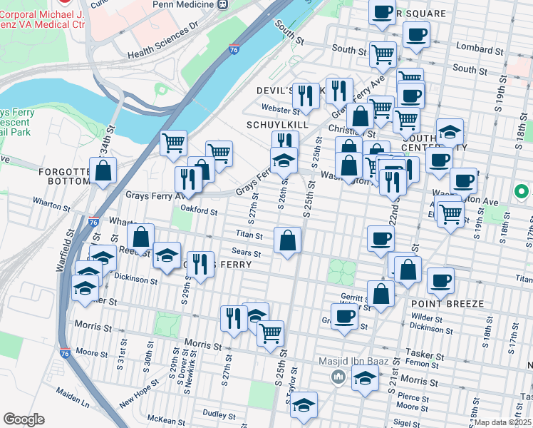 map of restaurants, bars, coffee shops, grocery stores, and more near 2628 Manton Street in Philadelphia