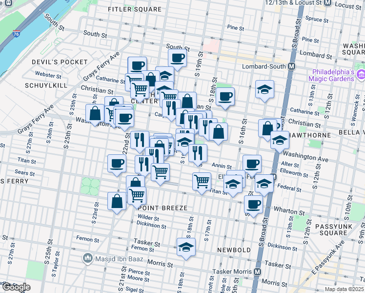 map of restaurants, bars, coffee shops, grocery stores, and more near 1114 South 19th Street in Philadelphia