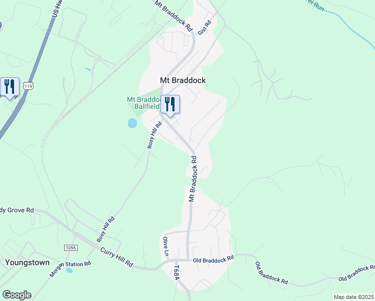 map of restaurants, bars, coffee shops, grocery stores, and more near 196 Mount Braddock Road in Lemont Furnace