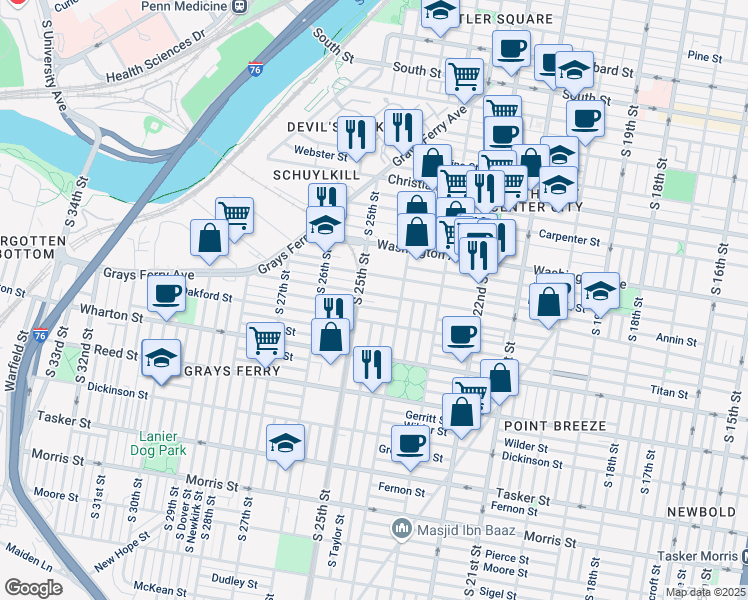 map of restaurants, bars, coffee shops, grocery stores, and more near 2438 Federal Street in Philadelphia