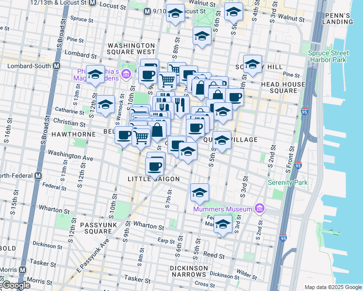 map of restaurants, bars, coffee shops, grocery stores, and more near 625-33 Christian Street in Philadelphia