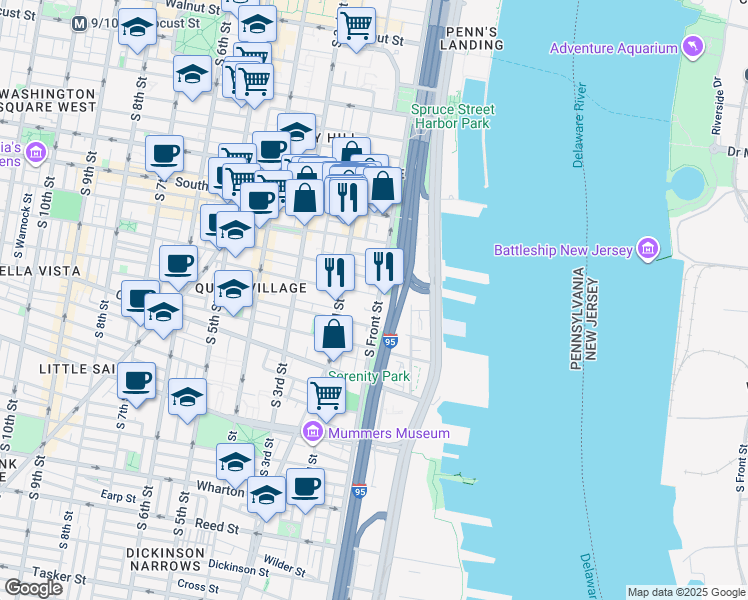 map of restaurants, bars, coffee shops, grocery stores, and more near 764 South Front Street in Philadelphia