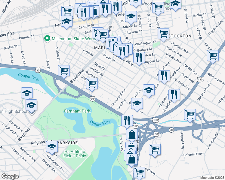 map of restaurants, bars, coffee shops, grocery stores, and more near 625 Raritan Street in Camden
