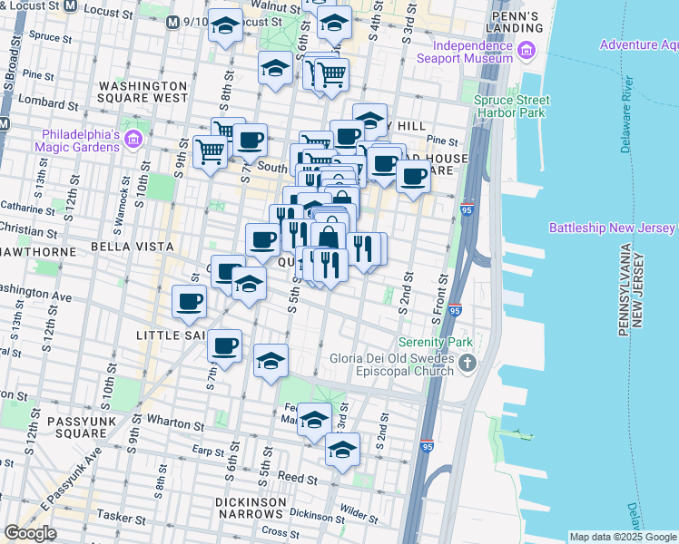 map of restaurants, bars, coffee shops, grocery stores, and more near 327 Catharine St in Philadelphia