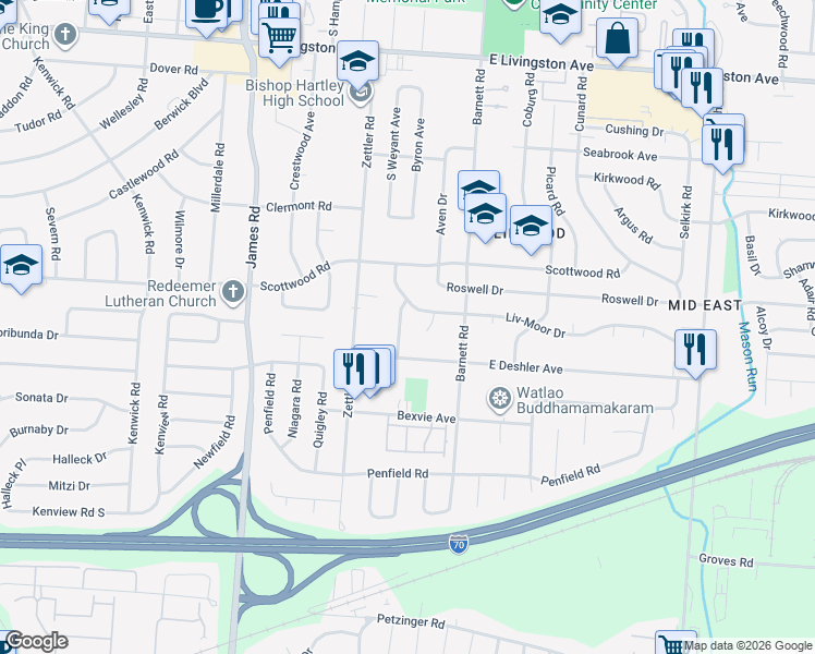 map of restaurants, bars, coffee shops, grocery stores, and more near 1595 Miltwood Road in Columbus