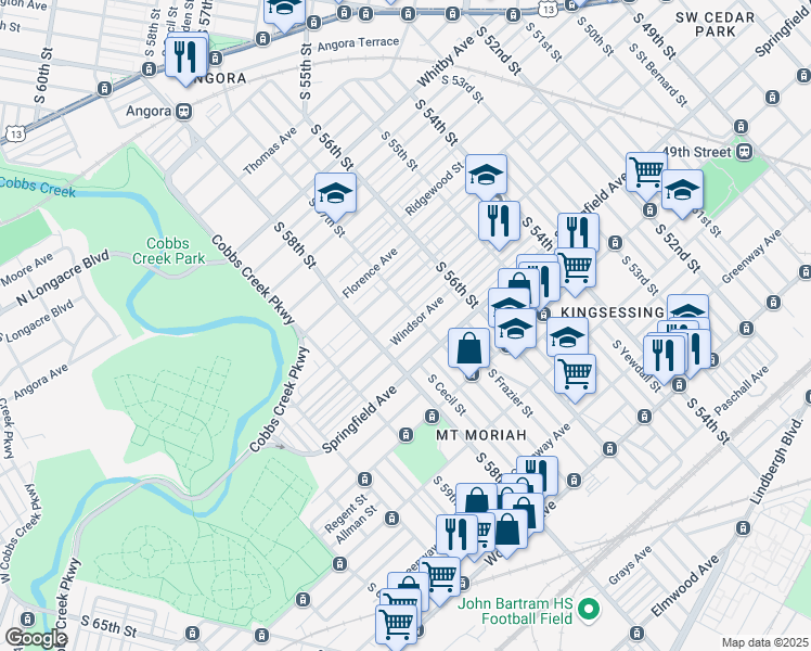 map of restaurants, bars, coffee shops, grocery stores, and more near 5717 Windsor Street in Philadelphia