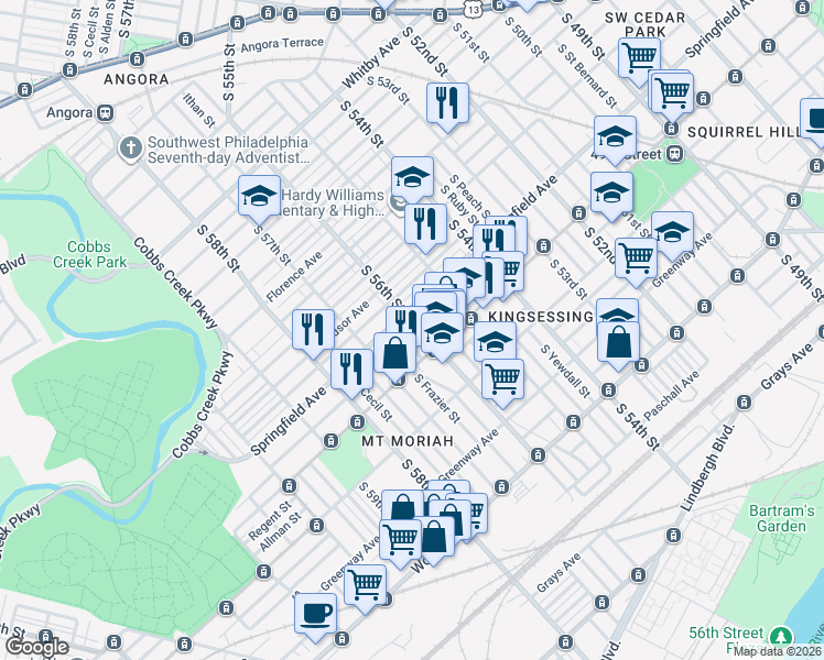 map of restaurants, bars, coffee shops, grocery stores, and more near 1618 South 56th Street in Philadelphia