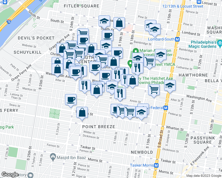 map of restaurants, bars, coffee shops, grocery stores, and more near 1114 South 19th Street in Philadelphia