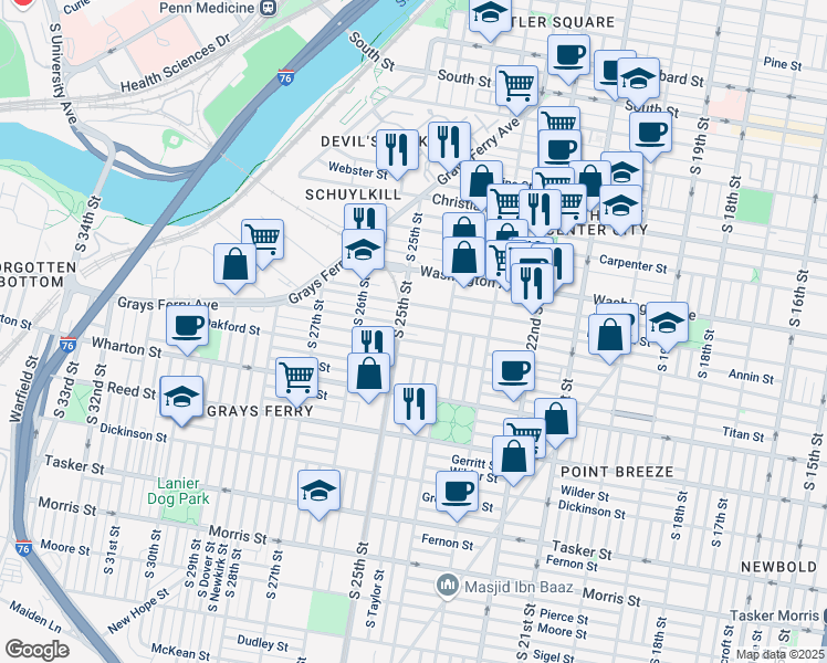 map of restaurants, bars, coffee shops, grocery stores, and more near 2400 Ellsworth Street in Philadelphia