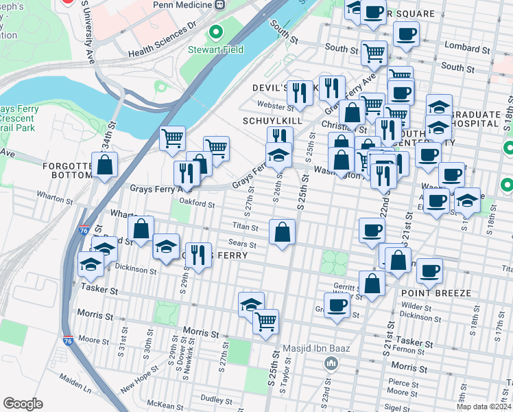 map of restaurants, bars, coffee shops, grocery stores, and more near 2642 Manton Street in Philadelphia