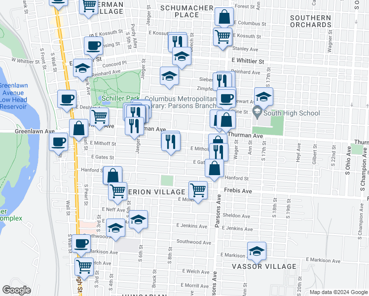 map of restaurants, bars, coffee shops, grocery stores, and more near 337 Mithoff Street in Columbus