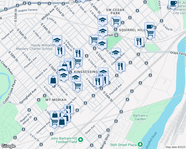 map of restaurants, bars, coffee shops, grocery stores, and more near 5339 Upland Street in Philadelphia