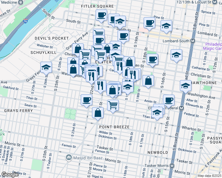map of restaurants, bars, coffee shops, grocery stores, and more near 2019 Ellsworth Street in Philadelphia