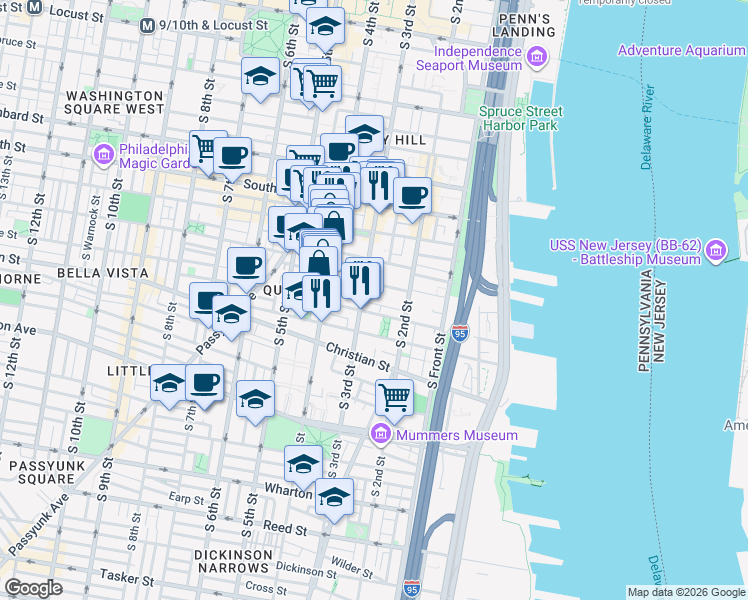 map of restaurants, bars, coffee shops, grocery stores, and more near 307 Fitzwater Street in Philadelphia