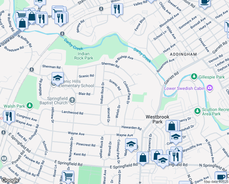 map of restaurants, bars, coffee shops, grocery stores, and more near 535 Claremont Road in Springfield