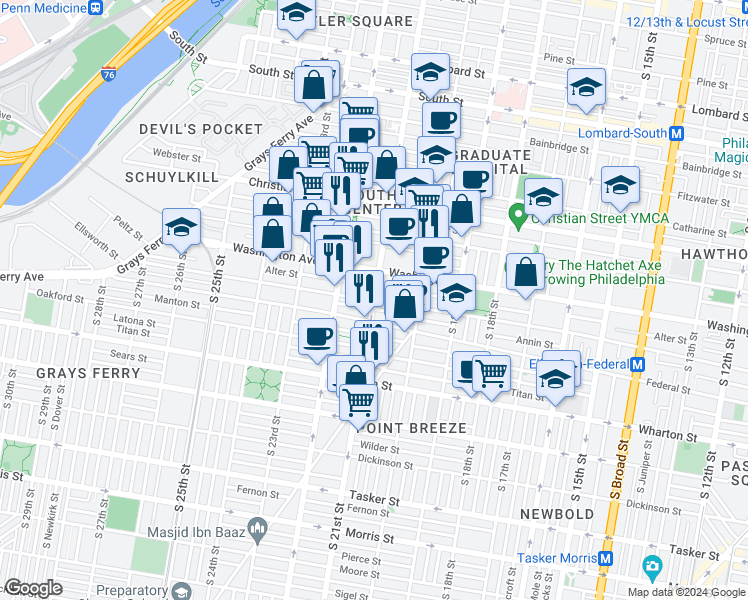 map of restaurants, bars, coffee shops, grocery stores, and more near South 21st Street & Ellsworth Street in Philadelphia