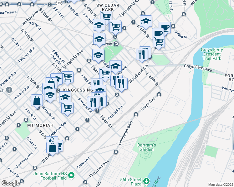 map of restaurants, bars, coffee shops, grocery stores, and more near Woodland Avenue & South 52nd Street in Philadelphia