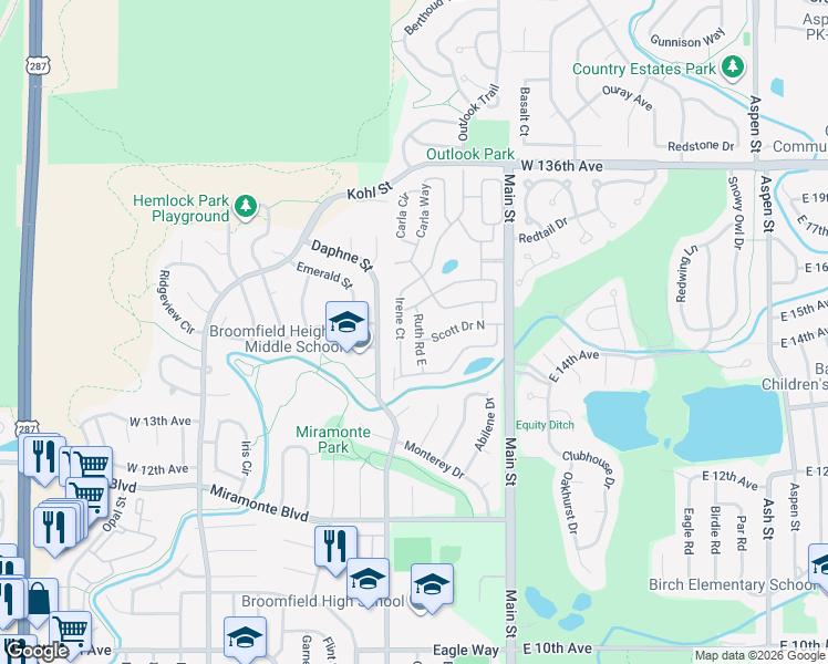 map of restaurants, bars, coffee shops, grocery stores, and more near 2 Ruth Road in Broomfield